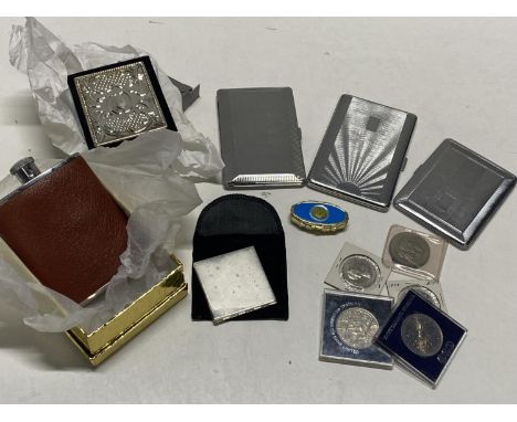 A selection of collectibles including compacts, hip flask and cigarette cases