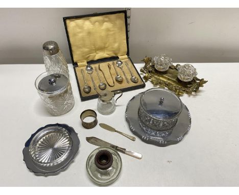 A selection of vintage collectibles including ink well, flat ware etc