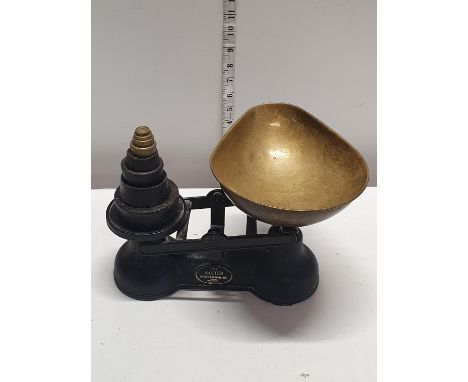 A set of vintage Salter scales and weights, shipping unavailable
