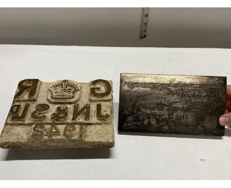 Two vintage printing blocks one by Joseph Newsome and Sons Batley and a 1942 Royal cipher box stamp? 
