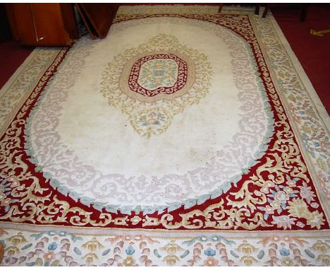 A contemporary Chinese cream ground superwash carpet, 375 x 268cmCondition report: Pile very good, very little wear, requires