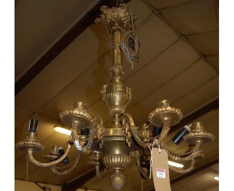 A French cast and gilt brass hanging eight light electrolier, with rams head masked scroll branches, approx drop 70cm