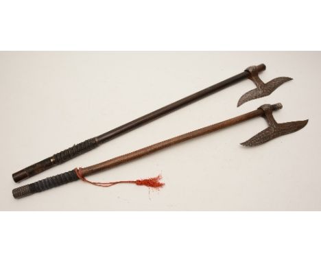 Two Bullova/fighting axes from the tribes of Cota Nagpur, North Eastern India, the hammered metal axe heads on bamboo shaft w
