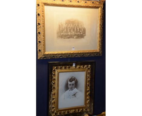 Two Edwardian photographs, one depicting a group of Freemasons, the other a portrait of a young boy in sailor suit, both in g