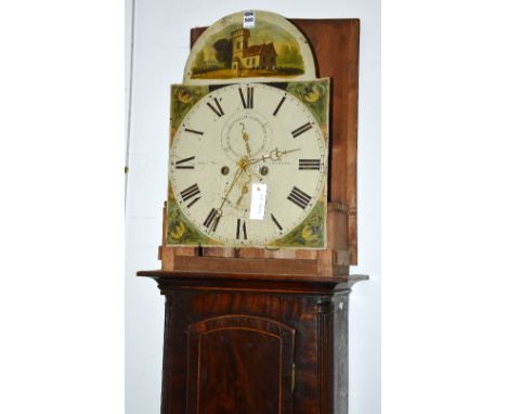 A 19th century mahogany inlaid longcase clock by John Pringle, the painted dial with floral panels and panel of church, with 
