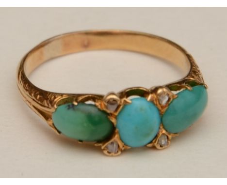 A gold turquoise and diamond ring, set with three oval turquoise cabochons interspersed by four milidiamonds, gold unstamped,