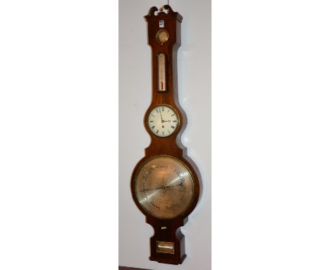 A 19th century rosewood cased wheel clock/barometer by D Fagioli & Son, with subsidiary silvered thermometer gauges above 6" 