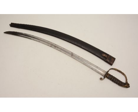 A Continental light cavalry sword, the brass hilt with shagreen and wire grip, with restored leather scabbard, 86cm long