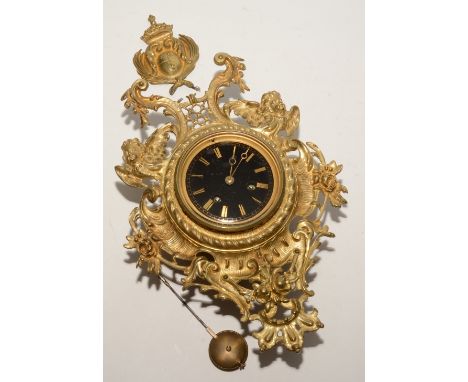 A French gilt wall clock, the black enamel dial with Roman numerals, ornately decorated with cherubs and foliage, finial brok