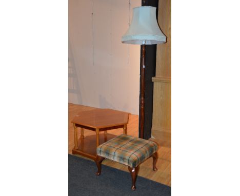 A reproduction cherry wood hexagonal coffee table, 45cm high x 70cm diameter, together with a tartan covered footstool, 34cm 