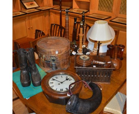 A quantity of wooden items, to include table lamps, Masonic style stands, Oriental bamboo hat box, wall clock facing, baromet