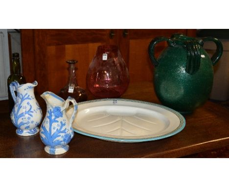 A mixed lot of Victorian pottery and later glass, to include a ceramic meat platter, two Glasgow style jugs, ruby glass decan
