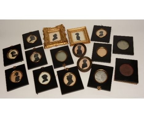 A quantity of Georgian portrait silhouettes, most in black slips, two in gilt frames, and with four spare frames (17)