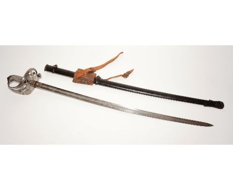 A 19th century officers sword with shagreen grip, pierced hilt with crown and bugle motif, etched foliate blade, with engravi