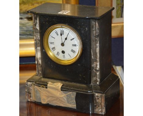 A Victorian black slate and marble mantel clock, the white enamel dial with Roman numerals, 25.5cm high