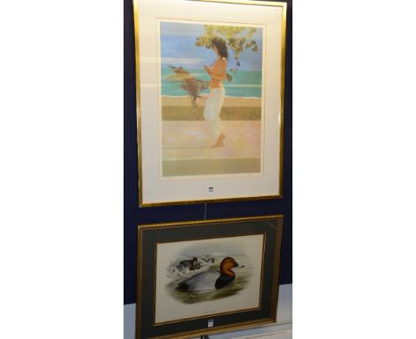 R Heindes (?)'Lady on Beach'Limited edition signed print no 67/500, 59 x 43cm, together with a print of a duck 'Nyroca Ferina