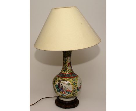 A Chinese famille rose vase converted to table lamp, decorated with panels of figures on white, green and yellow ground, rais