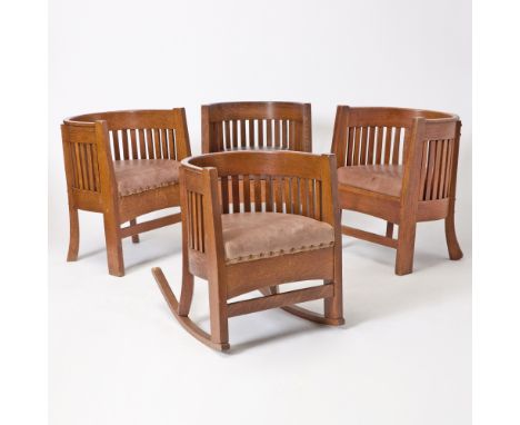 First quarter 20th centuryIncluding one rocking chair, each curved back with slats, canted front posts and with curved back l