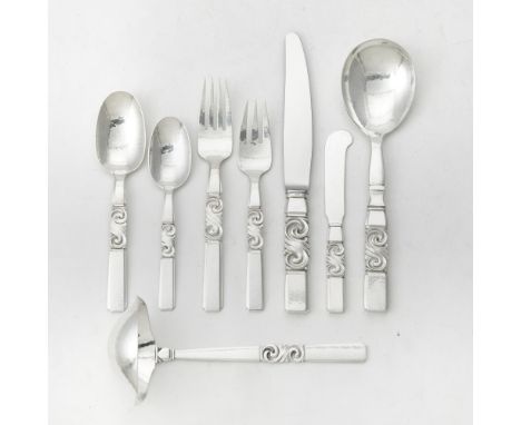 After 1945Comprising:Twelve Dinner forksTwelve Three-tine salad forks, length 6 3/8 inchesTwelve Oval bowl soup/dessert spoon
