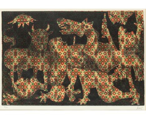 GUERNICAColor etching and aquatint, 1969, on wove paper, signed and numbered 94/100 in pencil, with full margins, framed.Plat