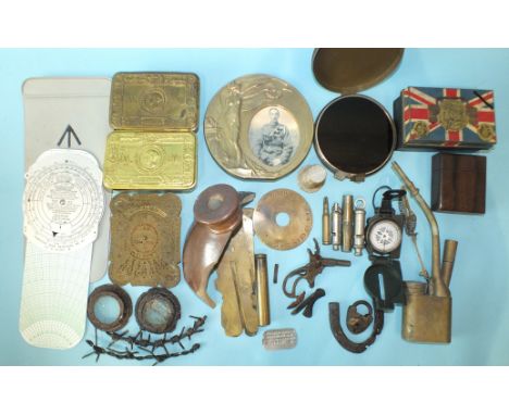 Two Princess Mary Christmas 1914 brass boxes, (no contents), four vintage military brass button polishing guards, a quantity 