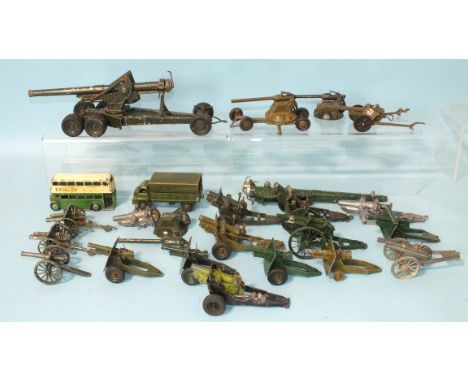 Britains, a 155mm gun, various field guns, some by other makers, a Dinky 621 Army Wagon and a bus, (some a/f, no boxes), (24)