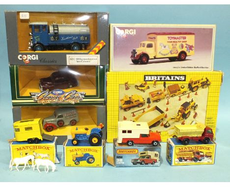 Matchbox Series, 39 Ford Tractor, 43 Pony Trailer, 38 Camper, 70 Grit-spreading Truck, four Corgi diecasts and a Britains 981