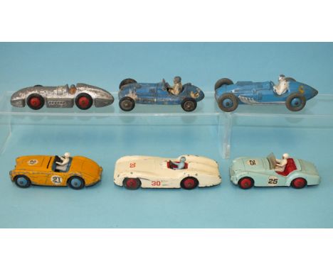 Dinky Toys: 23E Speed of the Wind, 109 Austin Healey, 111 Triumph TR2, 233 Cooper Bristol, 230 Talbot Lago and 237 Mercedes B