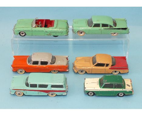 Dinky Toys, six saloon cars: 132 Packard, 169 Studebaker Golden Hawk, 173 Nash Rambler, 180 Packard Clipper, 189 Triumph Hera