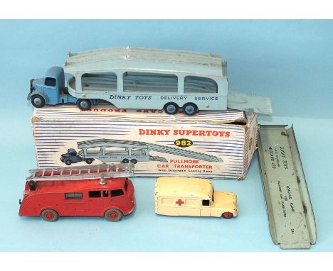 Dinky Toys: 982 Pullmore Car Transporter with loading ramp, (boxed), 555 Fire Engine, (part of ladder missing), 253 Daimler A