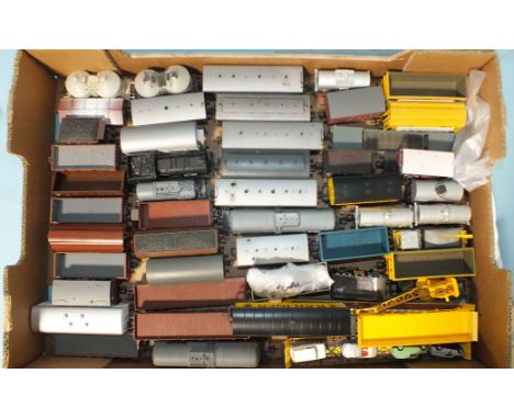 A quantity of mainly Bachmann and Roco wagons, all unboxed, (approximately 50) and a tinplate Royal Mail coach, (a/f). 