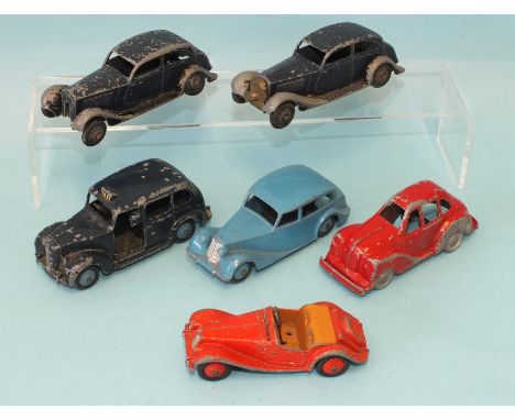 Dinky Toys: 151 Triumph 1800, 40H Austin Taxi, 108 MG Midget, two 30B Rolls Royces, (a/f) and a Betal saloon car, (all play-w