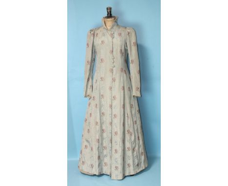 Elliston &amp; Cavell Ltd, a vintage eau de nil moire taffeta full-length coat dress, with stand-up collar, cartridge-pleated