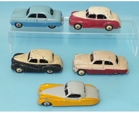 Dinky Toys, five two-tone saloon cars: 157 Jaguar, 159 Morris Oxford, 161 Austin Somerset, 162 Ford Zephyr and 164 Vauxhall C