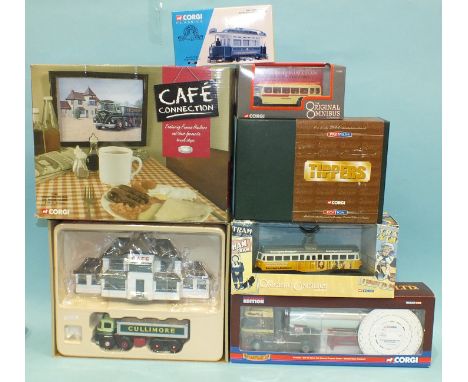 Corgi, cc10801 Cafe Connection Foden 21 Tipper, cc1322 DAF XF Space Cab tanker "William Nicol Transport" and four other boxed
