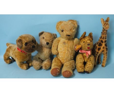 A Chiltern Hygienic Toys puppy, a teddy labelled Made in Eire, (a/f), other soft toys, Mabel Lucie Attwell, jigsaws, etc. 