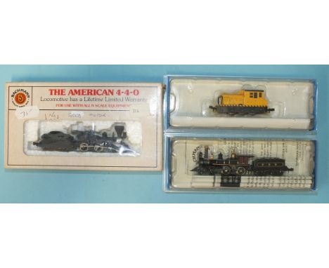 Bachmann N gauge, "The American 4-4-0" 11753, 4750 and 60089 MDT Plymouth Diesel, (yellow and black), all boxed, (one box a/f