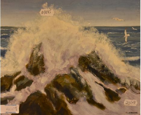 M.J. Reeve (20th Century), oil on board, A lively seascape with waves crashing against rocks, signed to the lower right, unfr