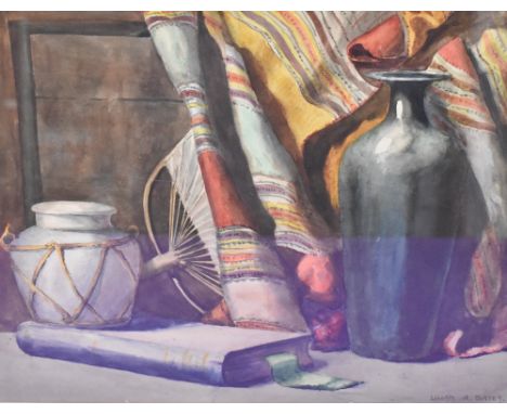 Lilian A. Bates (20th Century), watercolour, A still life scene depicting a green glazed vase and other items in front of dra