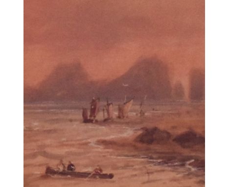 19th/20th century, watercolour, A seascape with boats and towering sea stacks beyond, framed, mounted, and under glass, 8cm x