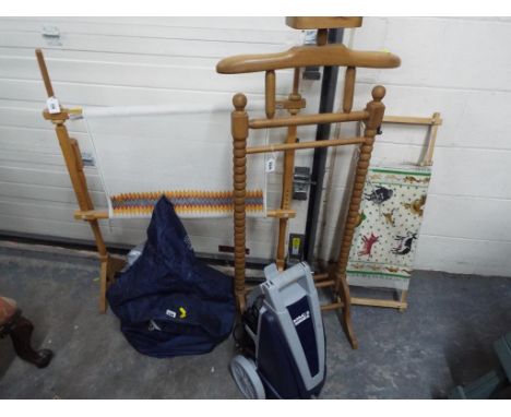 A MacAllister 2 jet wash, two wooden tapestry frames and a gentleman's wooden suit stand