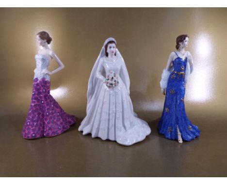 Three ceramic figurines comprising H M Queen Elizabeth II, 23 cm and High Society, 24 cm both by Royal Worcester and Julia by