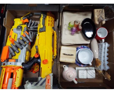 A mixed lot to include a set of  red square shot glasses, a ceramic condiment set, a Thornton's hot chocolate mug and saucer 
