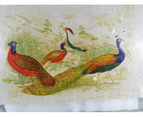 A double sided panel, one side depicting an Oriental dragon in collage, the other a hand-painted depiction of exotic birds mo