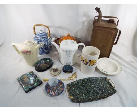 A good mixed lot to include a Coalport teapot, a Crown Ducal teapot in the Cotswold Rose pattern, Pawa shell items and simila