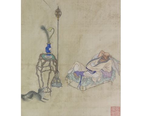 A Chinese painting on silk of a scholar recumbent on a daybed, 19th century, the figure holding a leaf in his right hand, a d