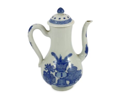 A Chinese blue and white wine ewer and cover, Kangxi period, the pear-shaped body painted with antiques, the s-scroll handle 