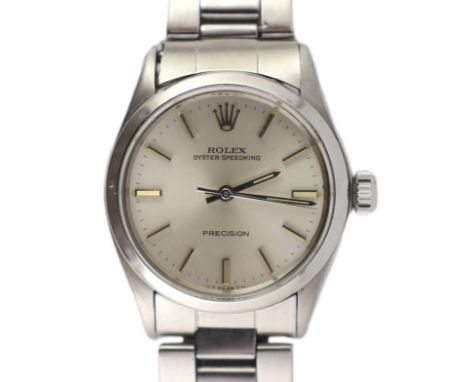 A gentleman's early 1970's stainless steel mid-size Rolex Oyster Speedking precision wrist watch, on a stainless steel Rolex 