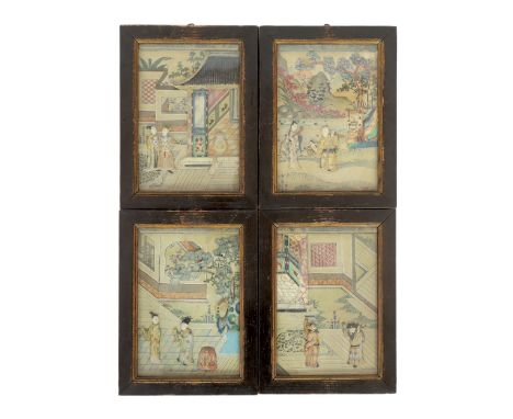 A rare set of four Chinese polychrome soapstone appliqué work painted silk pictures, 18th century, each intricately decorated