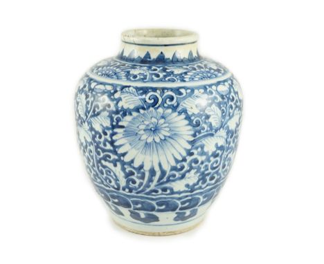 A 17th century Chinese blue and white jar, Shunzhi or Kangxi period, the short neck painted with lappets, the body with chrys